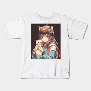 happy Cute anime girl with cute white Cat in kawaii Kids T-Shirt